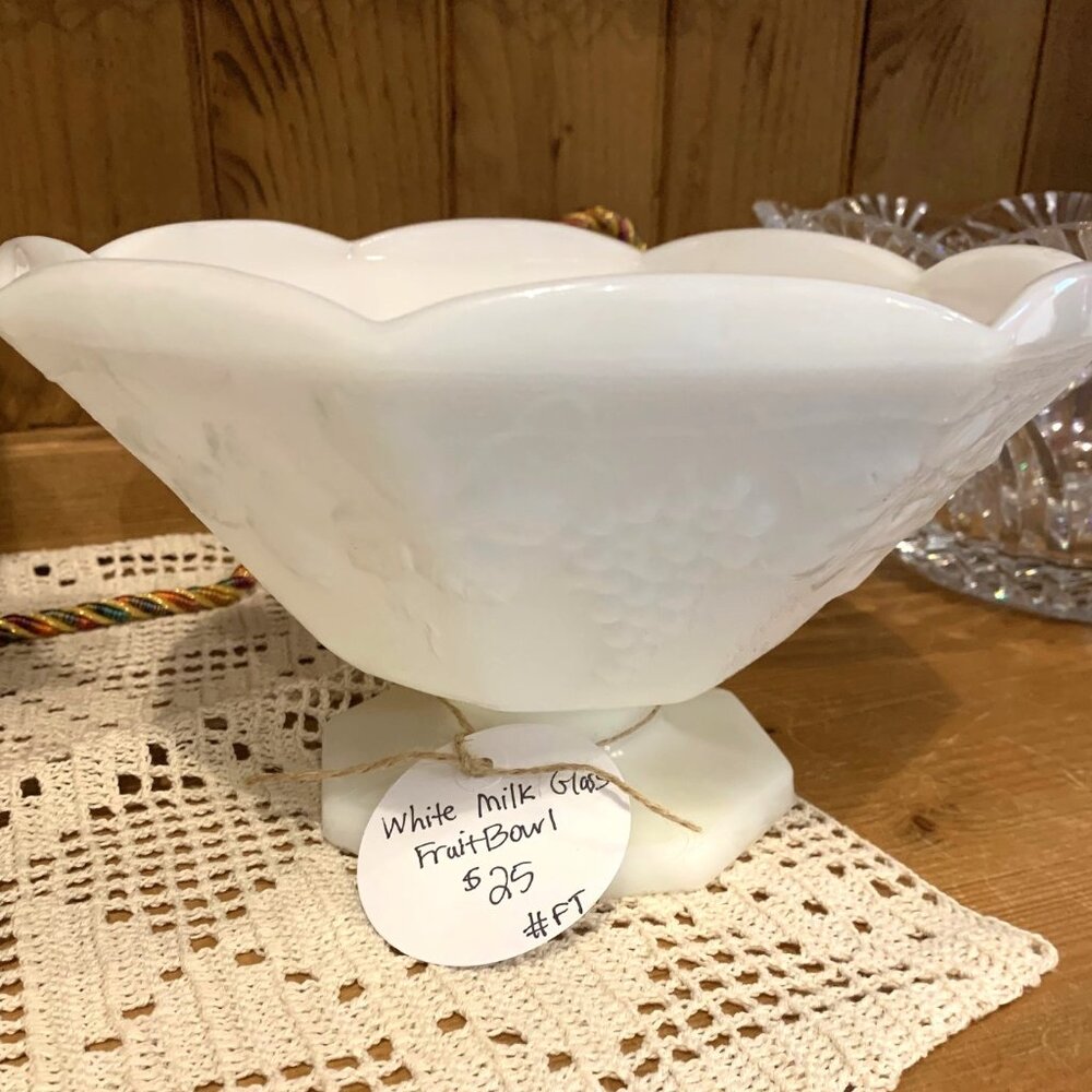 Milk Glass Fruit Bowl Pedestal 9"